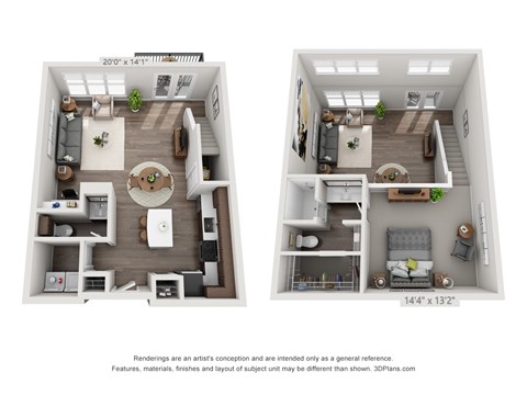 Floor plan for 1 bed, 1.5 baths, 1036 sqft
